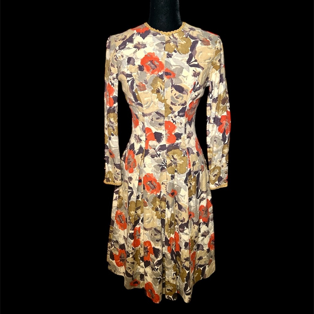 Trude Jr. 60's/70's Autumnal Barkcloth L/S Dress - Size S/M